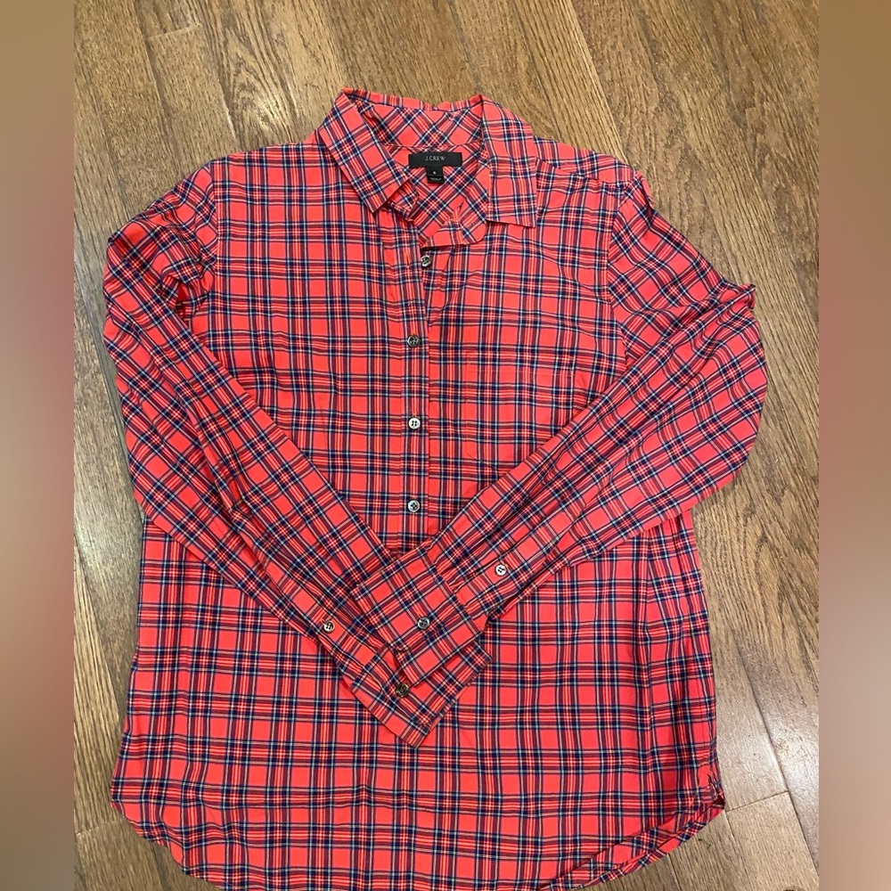 J. Crew Size 6 Red Tartan Plaid Popover Button Long Sleeve Shirt 08712 Cotton